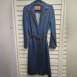 Vintage Gordo & James Heavy Long Denim Coat Studded with Leather/Suede M